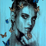 Montana-Engels-stripes-painting-portrait-butterfly-effect-blue-butterflies-gold-leaf