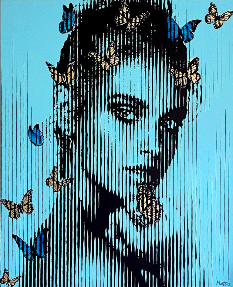 Montana-Engels-stripes-painting-portrait-butterfly-effect-blue-butterflies-gold-leaf