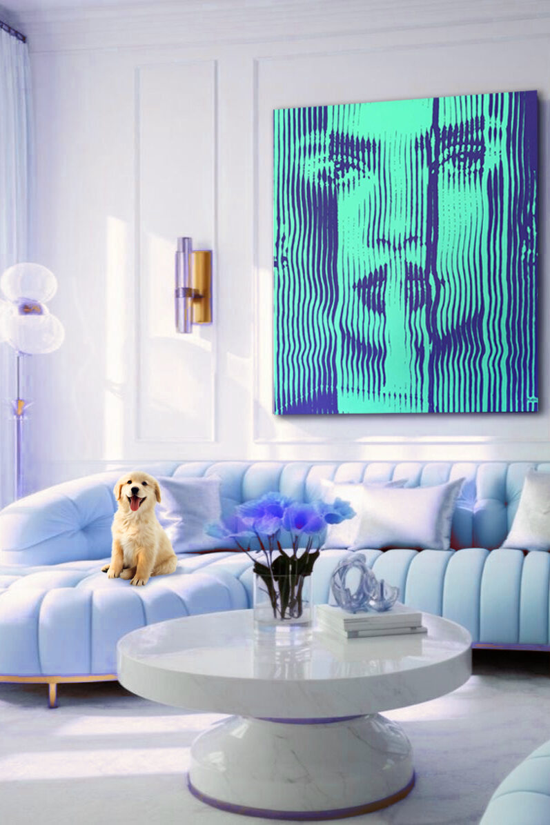 Montana-Engels-stripes-painting-portrait-wavy-turquoise-purple-wave-negative-effect-colour-blue-living-room