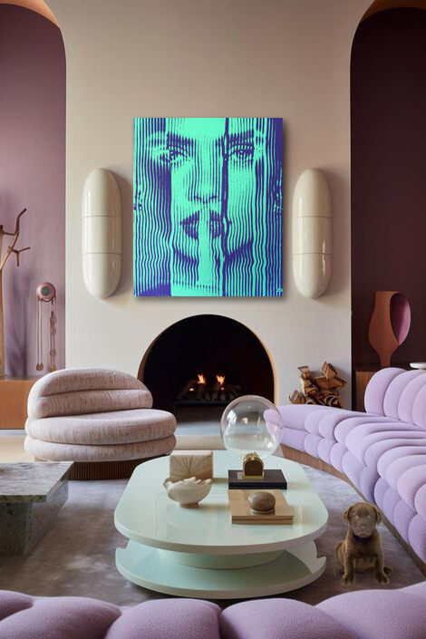 Montana-Engels-stripes-painting-portrait-wavy-turquoise-purple-wave-negative-effect-colour-lila-living-room