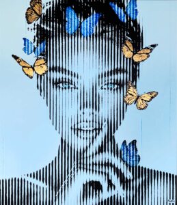 montana-engels-painting-stripes-Eden-blue-gold-leaf-butterflies-black-lines-WEB