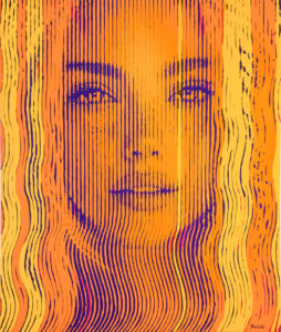Montana-Engels-stripes-painting-portrait-wavy-Xenos-orange-blue-purple-pink-accents-WEB