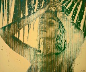 Montana-Engels-stripes-painting-portrait-echoes-of-eternity-yellow-green-WEB